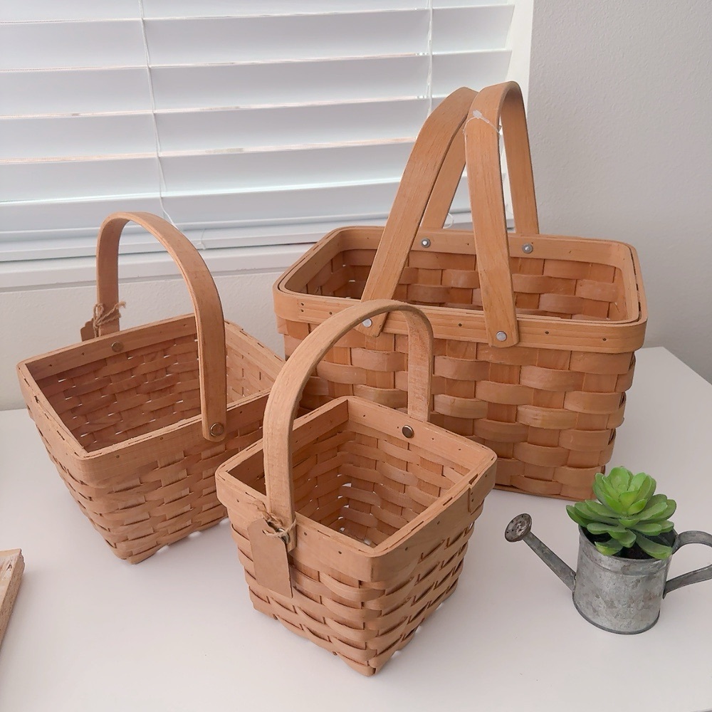 3pcs square woodchip picnic hand woven basket with double folding handle ,
